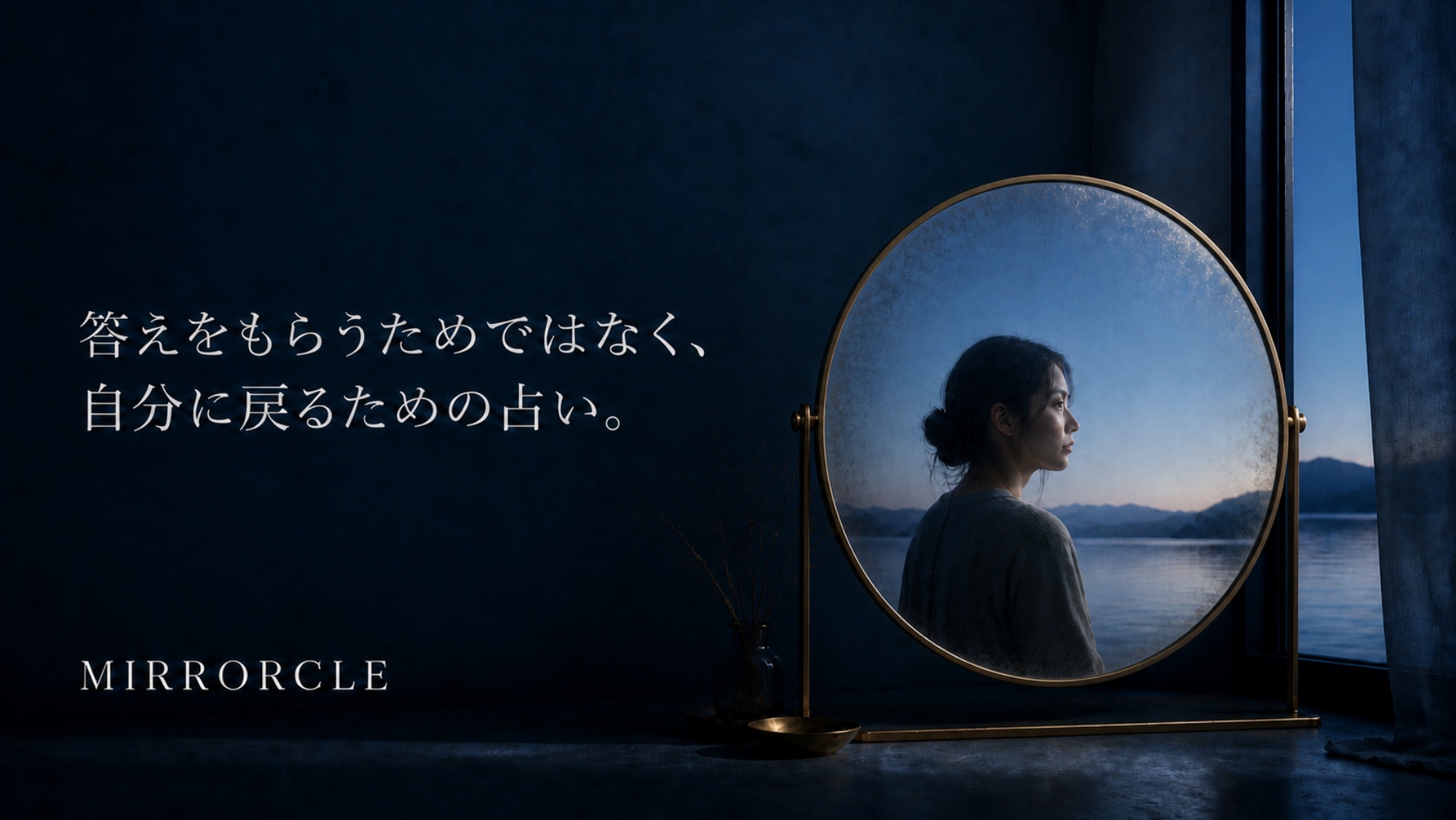 MIRRORCLE サービスガイドの表紙。「答えをもらうためではなく、自分に戻るための占い。」のコピーと夜の水辺に置かれた鏡